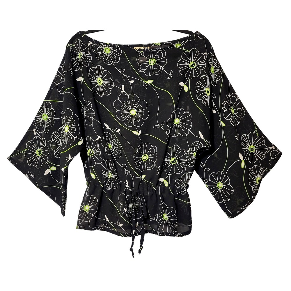 Luly K New York City VTG Black Sheer Floral Kimono Sleeve Drawstring Top Medium
